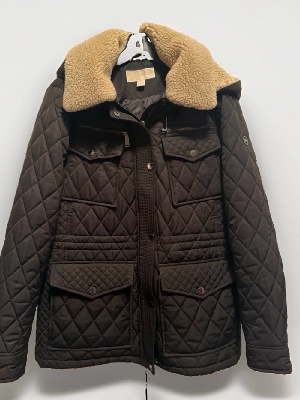 Michael Kors Quilted Black Jacket Coat with Tan Sherpa Women’s Size XL